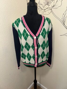 Green & White Argyle V-Neck Cardigan with Pink Trim